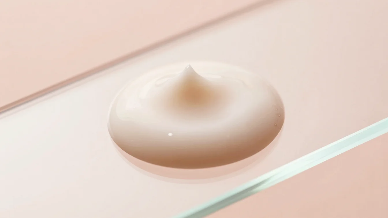 Smooth cream droplet on a glass slide, macro focus, soft studio l