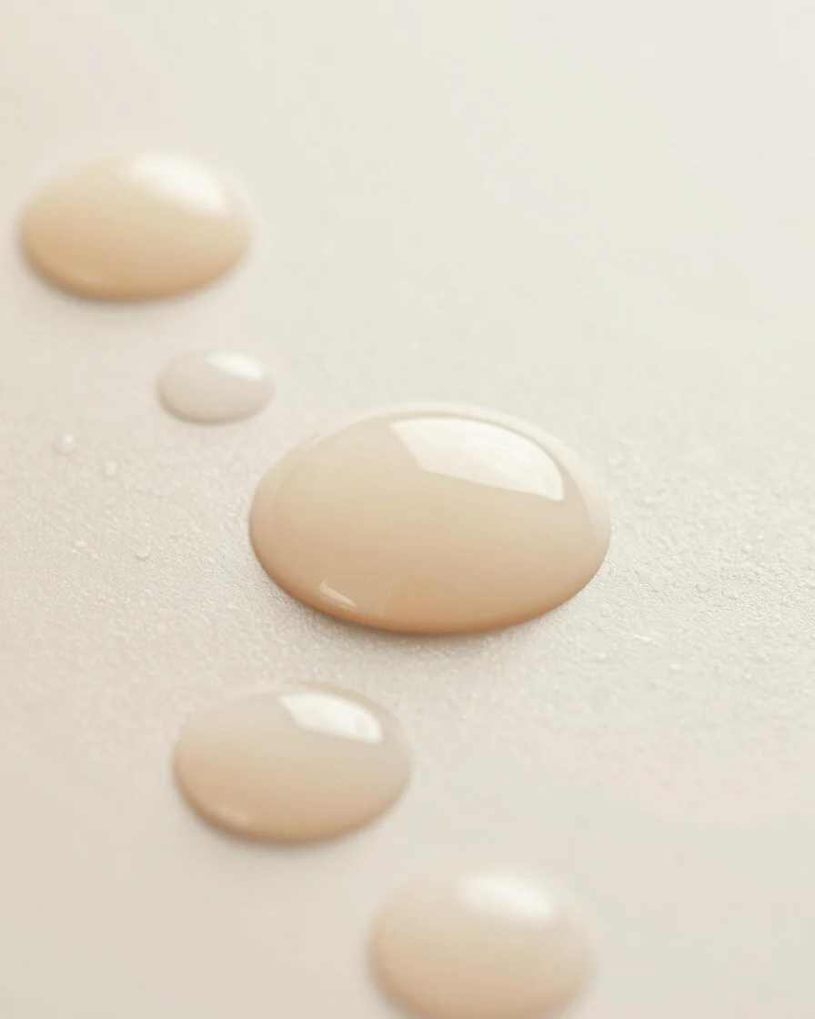 Macro shot of delicate cream droplets on a clean glass surface, soft diffused studio light, crisp detail, alabaster and