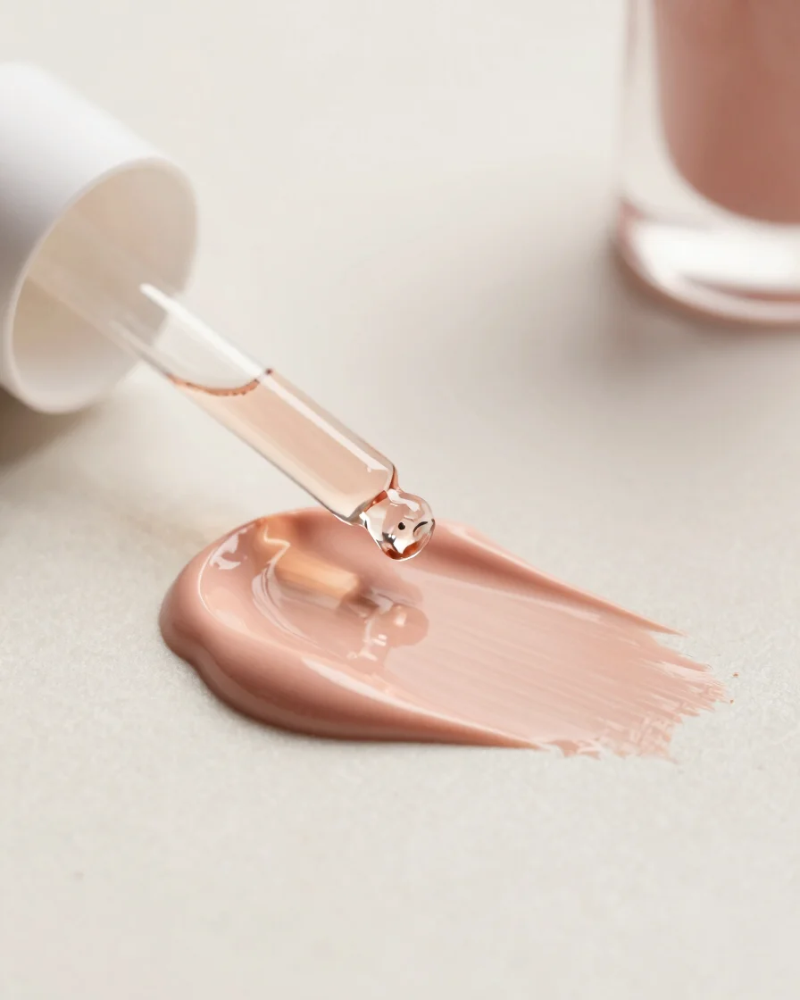 Soft diffused studio photograph of delicate blush cream textures and glass dropper bottles on smooth alabaster surface,