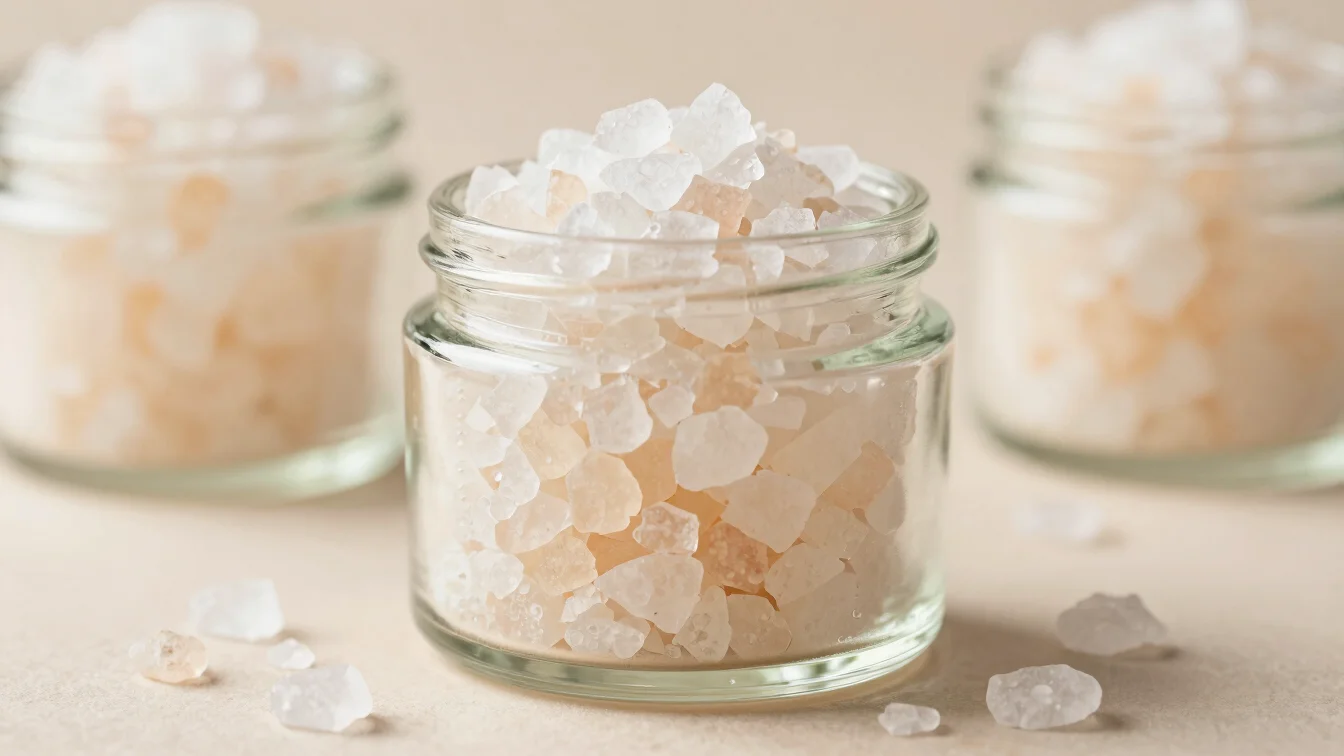Elegant bath salts in a glass jar, glowing highlights, soft focus
