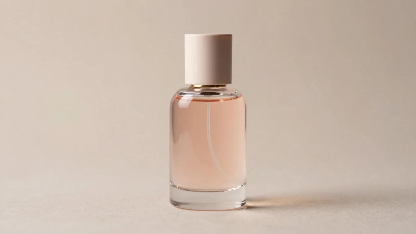 Fine perfume in a minimalist bottle, soft light reflecting on gla