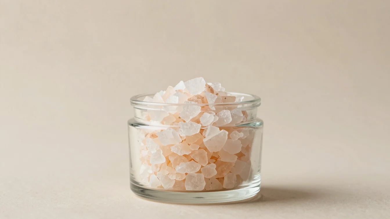 Elegant glass jar of bath salts with delicate texture, soft diffu
