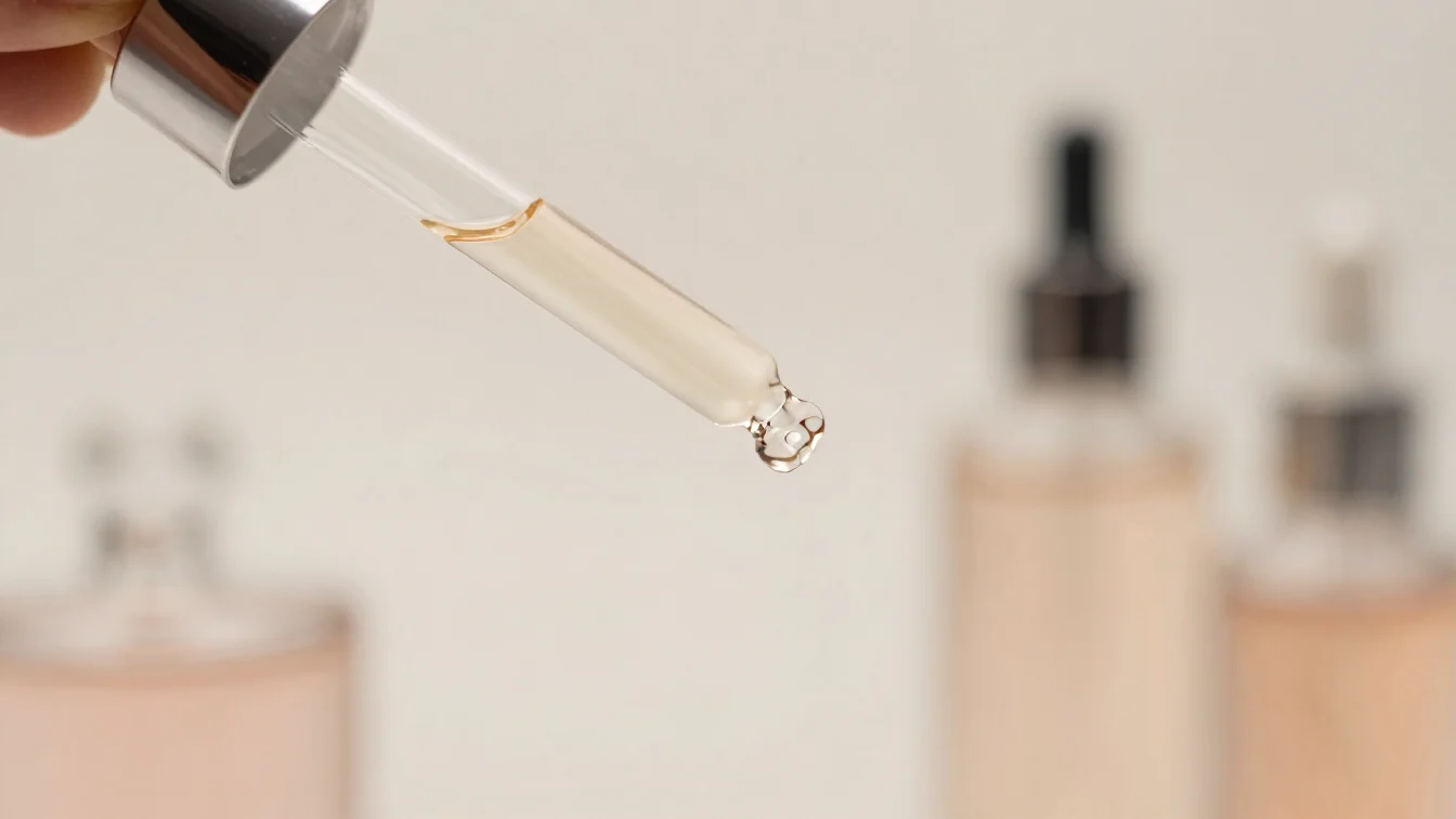 Elegant glass droppers with fine perfume, soft diffused studio li